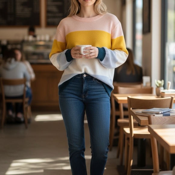 Elodie Sweaters - Elodie Multicolor Striped Crew Neck Balloon Sleeve Knit Sweater Size S